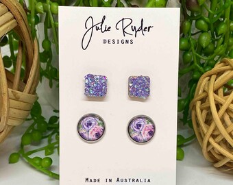 Set of 2 Earrings 12mm Round Glass Cabochon stud Original Julie Ryder acrylic painting flowers Square Blue 10mm Glitter