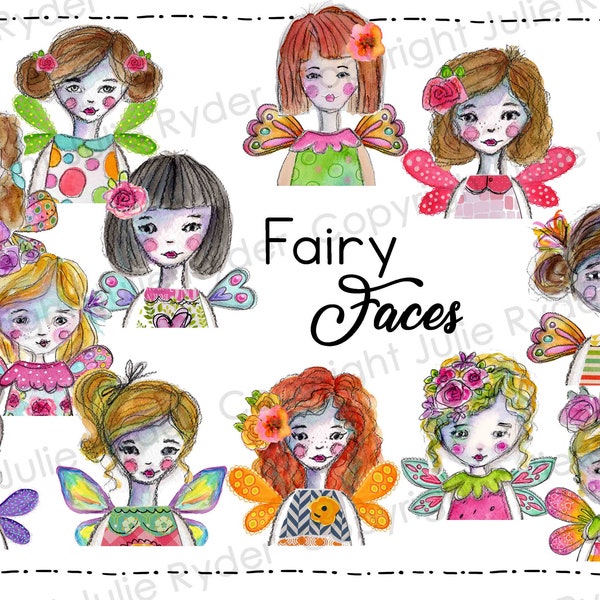 Fairy Doll Faces Instant download Hand Painted Drawn Watercolour  Papers Stickers Art Journaling Pages Scrapbooking Card Tag