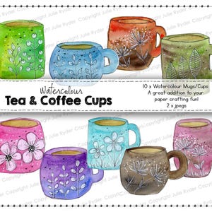Könnte beinhalten: Aquarell-Tee- und Kaffeetassen in verschiedenen Farben, darunter Grün, Blau, Orange und Rosa. Jede Tasse hat einzigartige Blumen- oder Blattmuster. Der Text "Watercolor Tea & Coffee Cups" ist enthalten.