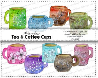 Watercolor Coffee Tea Cups, Mugs Clipart, Junk Journaling (Digital Download)