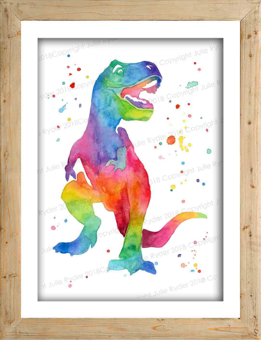 印刷可能な恐竜 T-Rex、即時ダウンロード、カラフルな虹色の水彩画