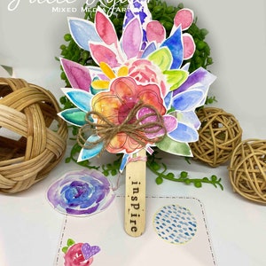 Colourful Hand-Painted Paper Flower Bouquet with note card INSPIRED Purple Blue flower  tag Sticker and tissue wrap included Greeting Card