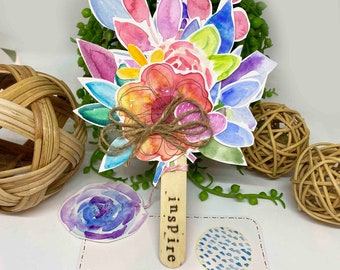 Colourful Hand-Painted Paper Flower Bouquet with note card INSPIRED Purple Blue flower  tag Sticker and tissue wrap included Greeting Card