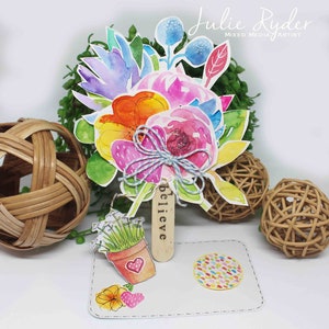 Hand-Painted Paper Flower Bouquet with note card BELIEVE Pink Blue Orange Yellow Green Flower Pot tag Sticker and tissue wrap included