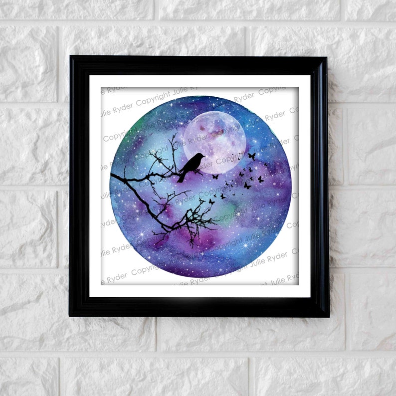 Instant Download Watercolour Print Blue Purple green with Tree Branch Birds and butterflies with moon 8 x 8 inch