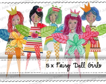 Printable 5 x Fairy Girl Dolls digital image for scrapbooking, collage, paper craft, art journaling, tag making, card making