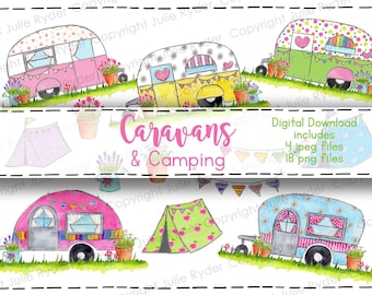 Printable Stickers Colourful Caravan Camping Tents Digital Download Art Journaling Invitations Scrapbooking Clip Art Collage Clip Art