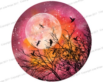Watercolour Print Pinks, Oranges, Yellow with Tree, Hummingbirds and Dragonflies with moon. 8 x 8 inch and 21 x 12 i nch