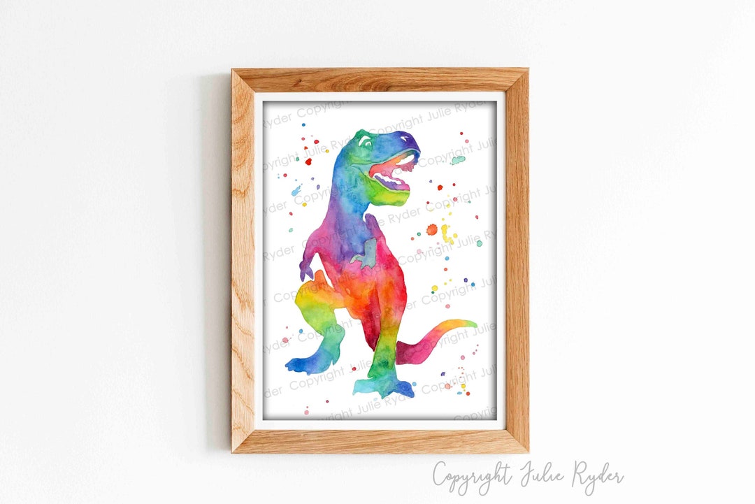 印刷可能な恐竜 T-Rex、即時ダウンロード、カラフルな虹色の水彩画