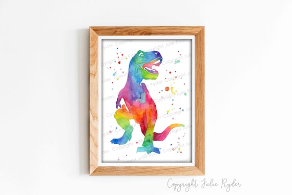 印刷可能な恐竜 T-Rex、即時ダウンロード、カラフルな虹色の水彩画
