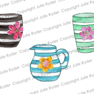 May include: Watercolor illustration of three decorative ceramic pieces: a black and white striped tumbler with a pink flower, a green and white striped tumbler with a pink flower, and a blue and white striped pitcher with a yellow flower.