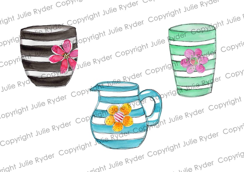 May include: Watercolor illustration of three decorative ceramic pieces: a black and white striped tumbler with a pink flower, a green and white striped tumbler with a pink flower, and a blue and white striped pitcher with a yellow flower.