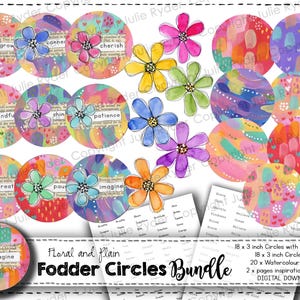 May include: A bundle of colorful, round digital art pieces with floral and abstract designs. Some circles feature watercolor flowers and words like "grow" and "imagine." The bundle includes 18 circles with flowers and words, 18 plain circles, and 20 watercolor flowers.