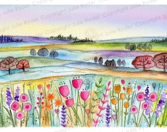 A4 sized Watercolour and Pencil Flower Meadow Landscape on paper Whimsical trees farmhouse birds