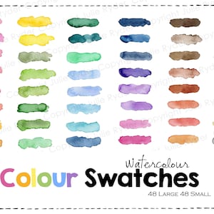 May include: A selection of 48 large and 48 small watercolour colour swatches in a range of shades, such as pink, yellow, green, blue, and brown. The text "Colour Swatches" is displayed in a colourful font.
