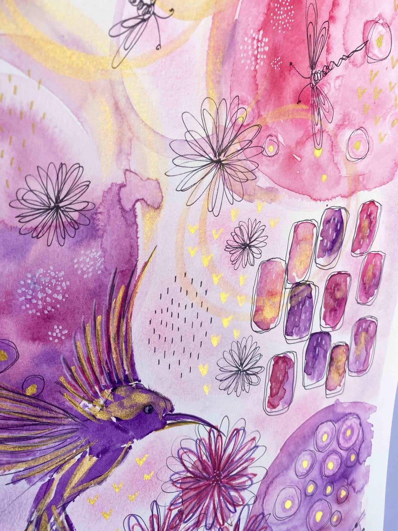 Pintura de acuarela de colibrí: Arte mural floral abstracto tamaño A3 ...