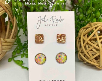 Set of 2 Earrings 12mm Round Glass Cabochon stud Original Julie Ryder acrylic painting abstract flowers  Square Gold 10mm Glitter