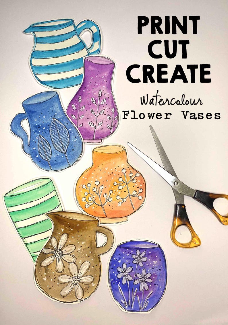 May include: Watercolor flower vase cutouts in various colors, including blue, purple, orange, and brown. Some vases have floral or leaf designs. The image also includes a pair of scissors and the text "PRINT CUT CREATE Watercolour Flower Vases."