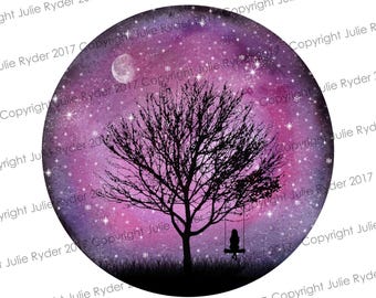 Watercolour Print of Purple Galaxy Sky with Moon, Stars, Tree Girl on a Swing (with or without words) 8x8 inch, 12 x 12 inch
