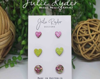 Set 3 Wooden Earring Studs Hand painted Hearts Hot Pink Green Gold Spots Glitter