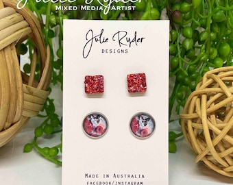 Set of 2 Earrings 12mm Round Glass Cabochon stud Original Julie Ryder acrylic painting flowers butterflies Square Red 10mm Glitter