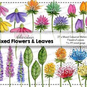 May include: Watercolor illustration of mixed flowers and leaves in various colors, including pink, yellow, purple, and orange. The image includes text that reads "Mixed Flowers & Leaves" and "27 x Mixed Coloured Watercolour Flowers/Leaves 4 x A4 sized jpegs."