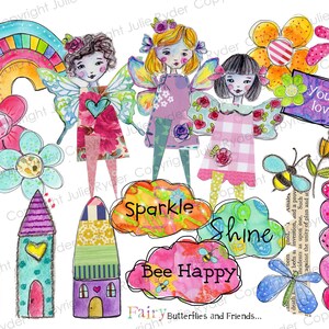 Druckbare Aufkleber Fee Schmetterlinge und Freunde Elemente digitaler Download wunderliche Hand gezeichnete Regenbögen Fee Häuser Schmetterling ClipArt