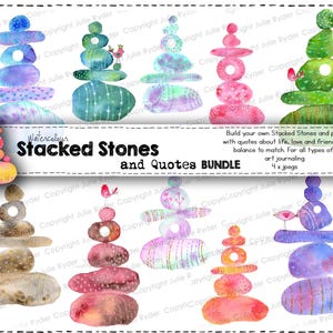 Könnte beinhalten: Aquarellillustrationen von bunten Steintürmen mit Vögeln und dekorativen Elementen. Der Text lautet "Stacked Stones and Quotes BUNDLE" und "Build your own Stacked Stones and pair with quotes about life, love and friendship balance to match."