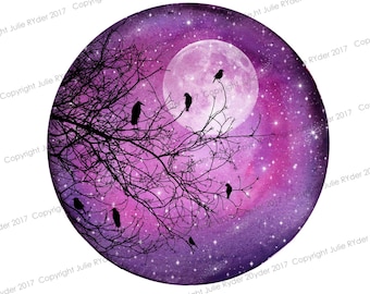 Watercolour Galaxy Print Pinks, Purples with Tree, birds with moon, Star. 8 x 8 inch and 21 x 12 inch