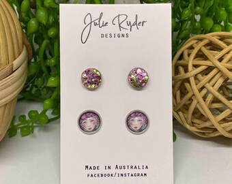 Set of 2 Earrings 10mm Round Glass Cabochon stud Original Julie Ryder acrylic painting Girl Face Round pink Green 10mm Glitter