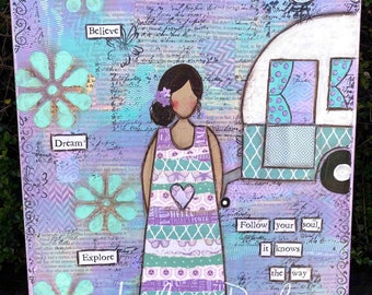 Mixed Media Collage Painting Canvas Art Girl Art Caravan Inspirational Quote Purple Blue