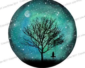 Watercolour Print of Green and or Blue Galaxy Sky with Moon, Stars, Tree Girl on a Swing 8x8 inch, 12 x 12 inch
