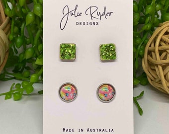 Set of 2 Earrings 10mm Round Glass Cabochon stud Original Julie Ryder acrylic Painting Square 10mm Glitter