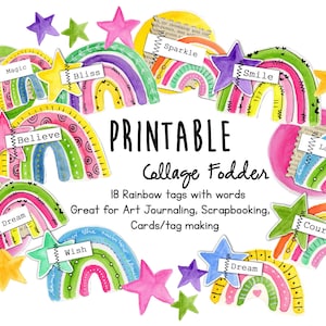 Op de afbeelding: Printbare regenboog collage-voeder tags met woorden zoals "Magie", "Geloof", "Droom", "Wens", "Sparkle", "Glimlach", "Lachen", "Moed". Perfect voor art journaling, scrapbooking en kaart maken.