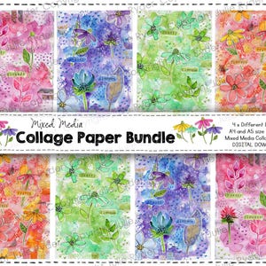May include: A collage paper bundle featuring eight watercolor designs with floral and abstract elements. The papers showcase a variety of colors, including pink, purple, green, and yellow. The text "Pretty" and "Flowers" are included in the designs. The bundle is available in A4 and A5 sizes.