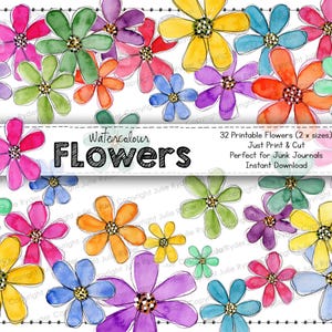 Puede incluir: Flores de acuarela en varios colores, incluyendo rosa, amarillo, azul y naranja. Las flores tienen un aspecto pintado a mano con contornos negros y centros dorados. Se muestra el texto "Watercolour Flowers".