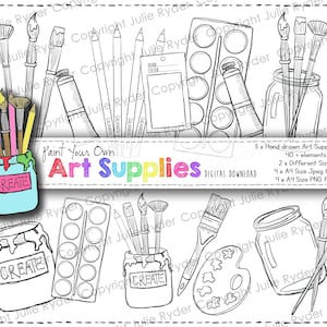 Puede incluir: Una colección digital de ilustraciones de suministros de arte dibujadas a mano que incluye pinceles, lápices, paletas de acuarela y frascos con la etiqueta CREATE. El conjunto incluye 40 elementos, 11 diseños y varios formatos de archivo.
