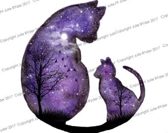 12 x 12 inch Watercolour Print of Purple Cats Silhouette with Galaxy Sky with Moon, Stars, Tree and birds.