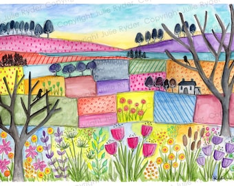 A3 sized Watercolour and Pencil Flower Meadow Landscape with Trees on paper Whimsical trees farmhouse birds flowers