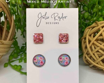 Set of 2 Earrings 12mm Round Glass Cabochon stud Original Julie Ryder acrylic painting roses Square Rose Pink 10mm Glitter