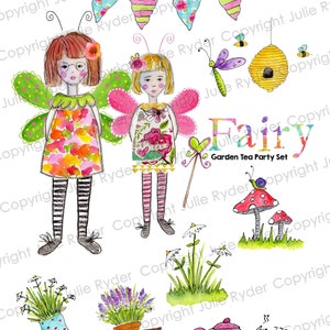 Éléments de service à thé jardin féerique, fées, fleurs, bruant, oiseaux, champignon vénéneux, scrapbooking, collage, techniques mixtes, journalisation artistique, clipart.