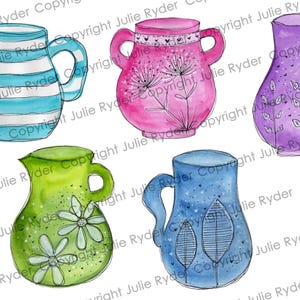 May include: Watercolor illustrations of five decorative pitchers and vases. The pitchers are in various colors, including blue with white stripes, pink with floral designs, and green with daisy accents. The vases are purple and blue.