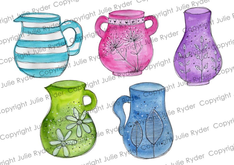 May include: Watercolor illustrations of five decorative pitchers and vases. The pitchers are in various colors, including blue with white stripes, pink with floral designs, and green with daisy accents. The vases are purple and blue.