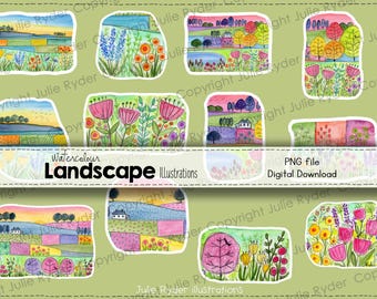 Watercolour Landscape Journal Pages PNG, Whimsical Countryside Art, Art Journal, Junk Journal, Mixed Media Collage Printable