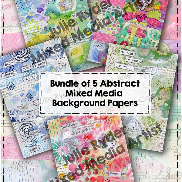 Printable Bundle of 5 Abstract Mixed Media Background Papers, Instant Download  for Collage, Art Journaling, Abstract Background Papers