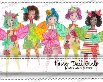 Printable Mix and Match Fairy Girl Dolls  digital image for scrapbooking, collage, paper craft, art journaling, tag making, card making