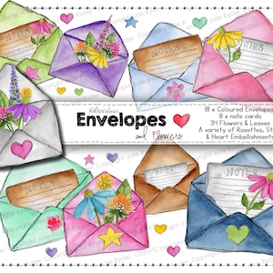 May include: Watercolour illustration of colourful envelopes with flowers and the word "NOTES" on the cards inside. The image includes hearts, stars, and the text "Envelopes and Flowers".