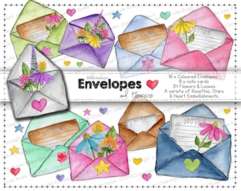 Watercolor Envelopes Flowers Stars Hearts Printable Ephemera art journaling stickers junk journaling scrapbooking cards tags clipart