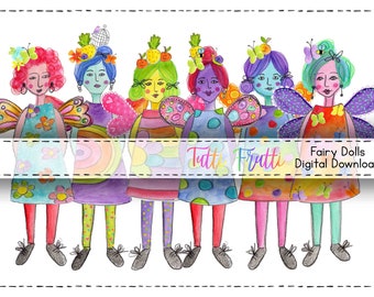 Tutti Frutti Fairy Dolls Instant Digital Download Scrapbooking Art Journaling Paper Dolls Rainbow Colourful Tag Card making Collagen Fairy