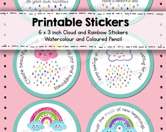 Printable Stickers Colourful Rainbow and Clouds with inspirational words Digital Download Art Journaling Invitations Scrapbooking Clip Art